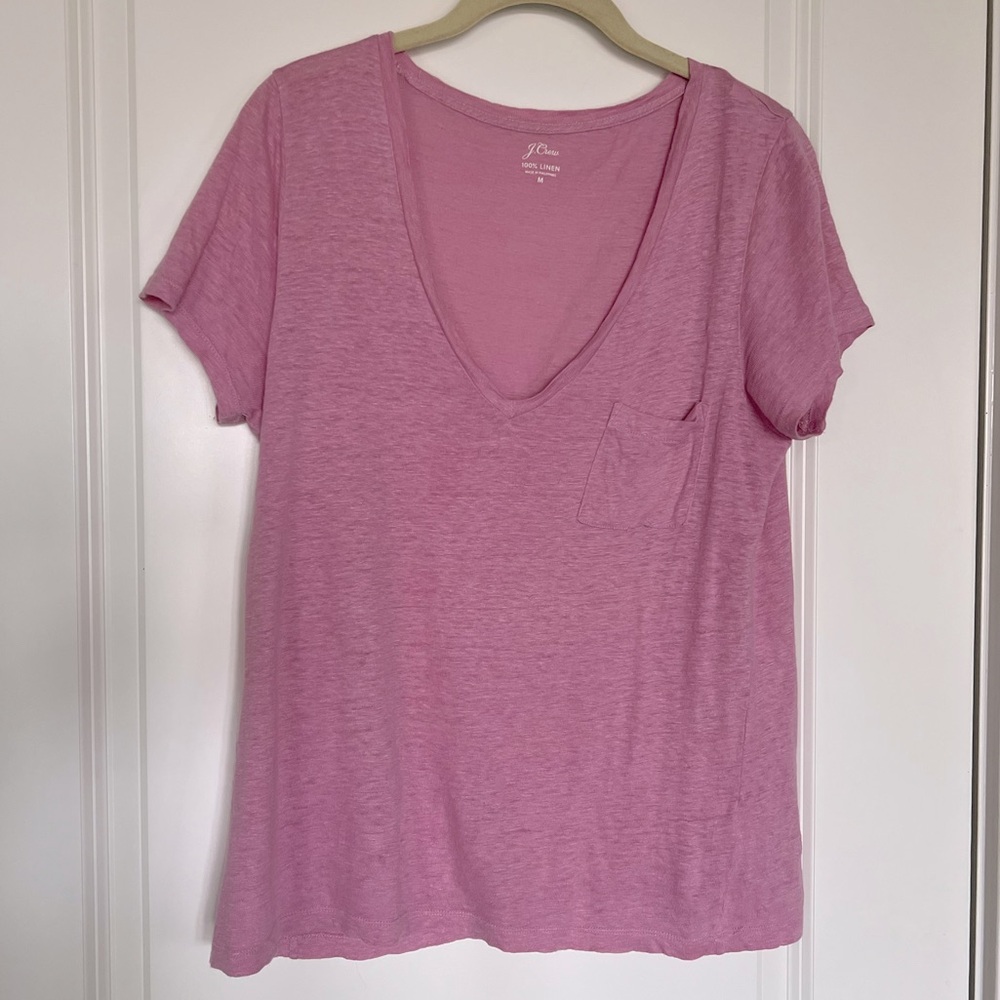 J CREW Pink Linen Pocket Tee V-Neck SZ M